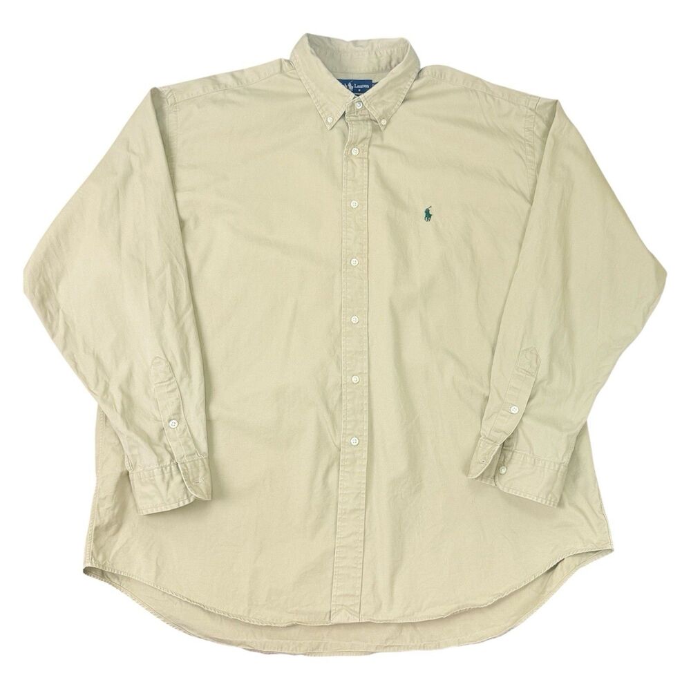 Ralph Lauren Shirt Mens 2XL Beige Blake Long Sleeve Collar Button Down Pony Logo